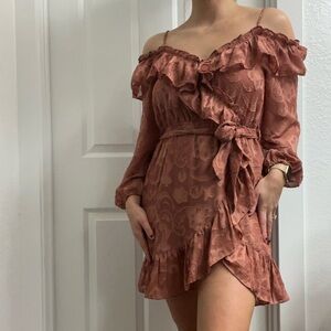 One-Shoulder Ruffle Wrap Dress in Rust